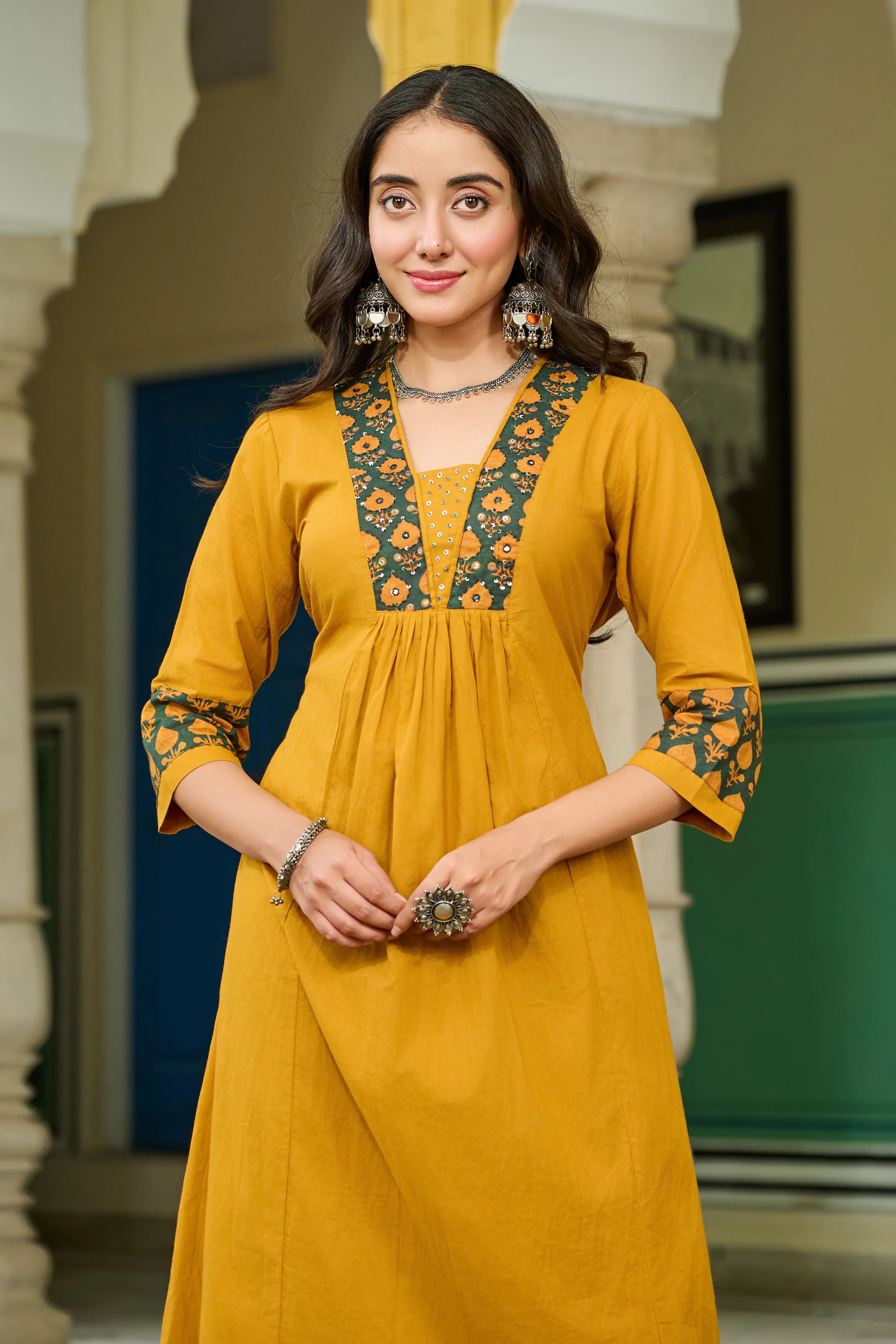 Mustard Yellow Ethnic Yoke Kurta Set