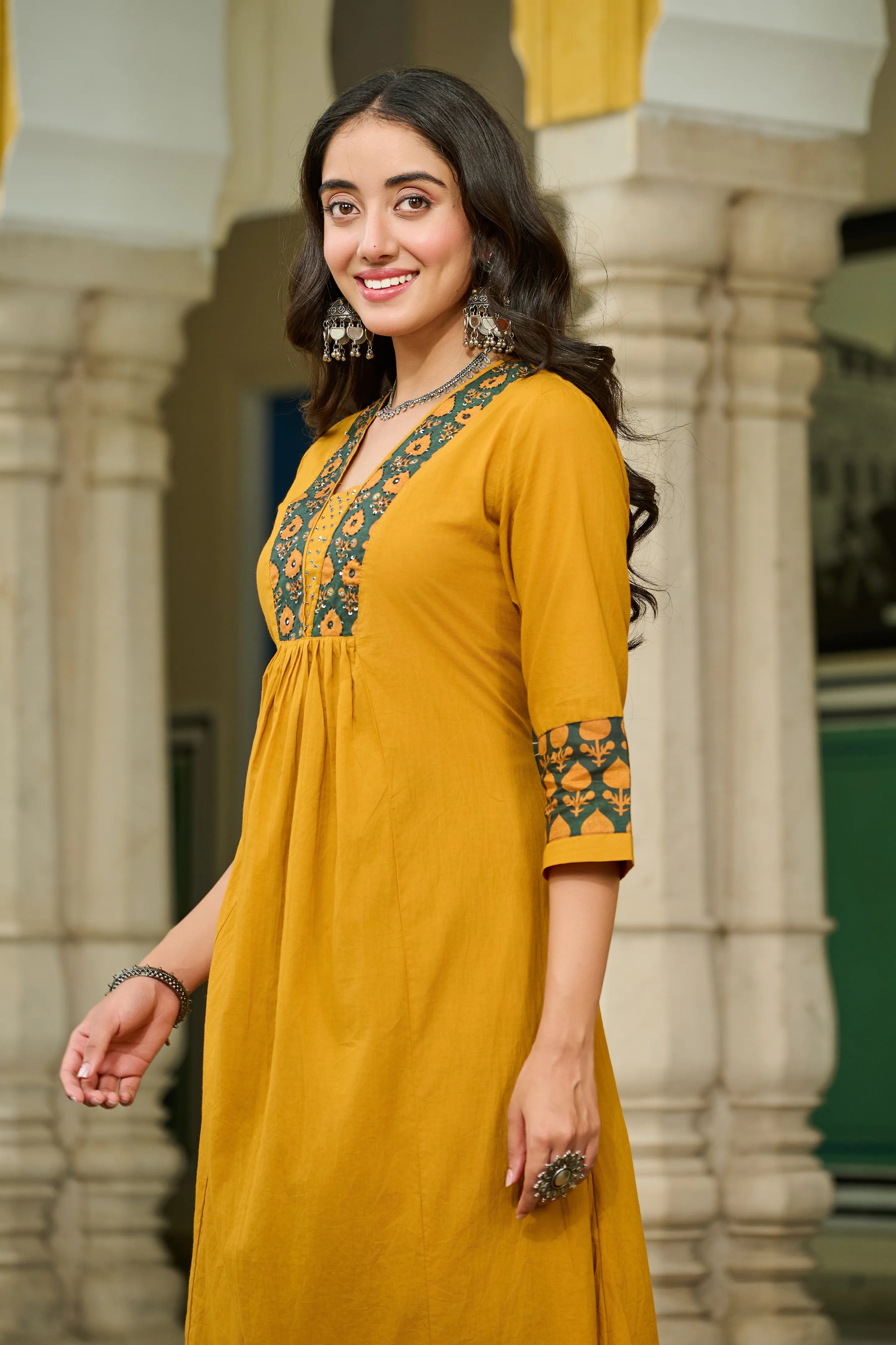 Mustard Yellow Ethnic Yoke Kurta Set