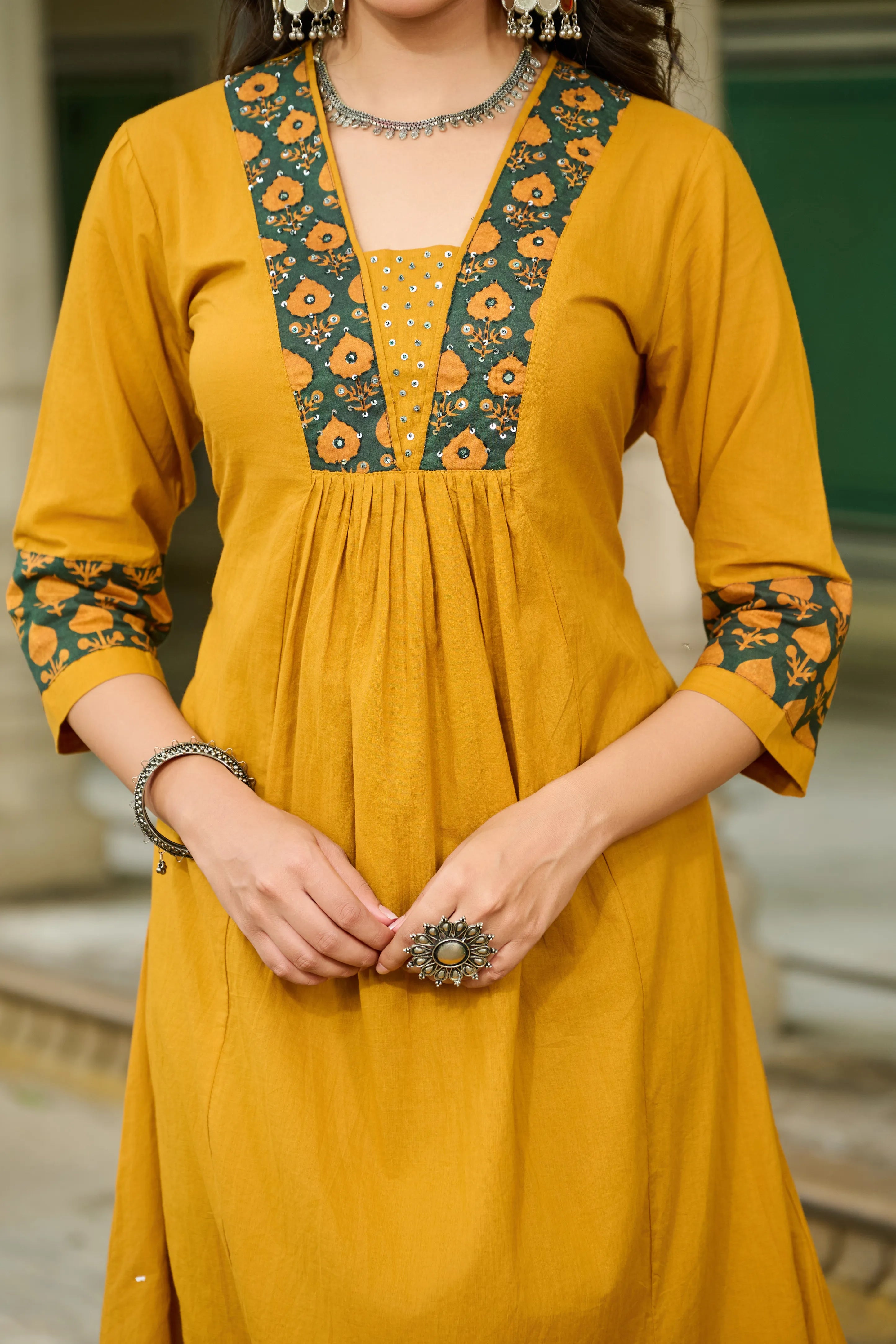 Mustard Yellow Ethnic Yoke Kurta Set