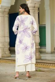 White Base & Lavender Leaf Motif Embroidered Rayon Kurta Set