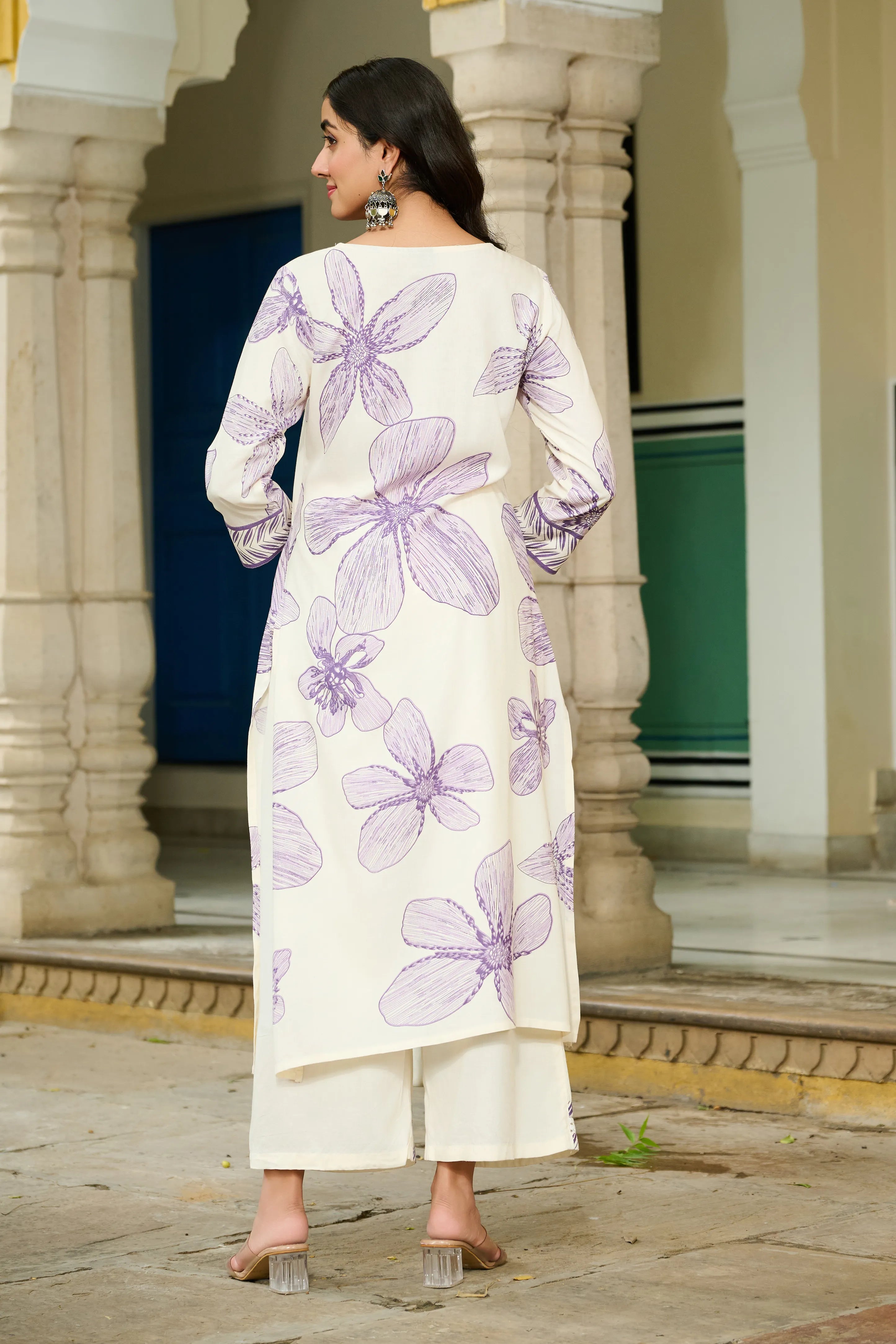 White Base & Lavender Leaf Motif Embroidered Rayon Kurta Set