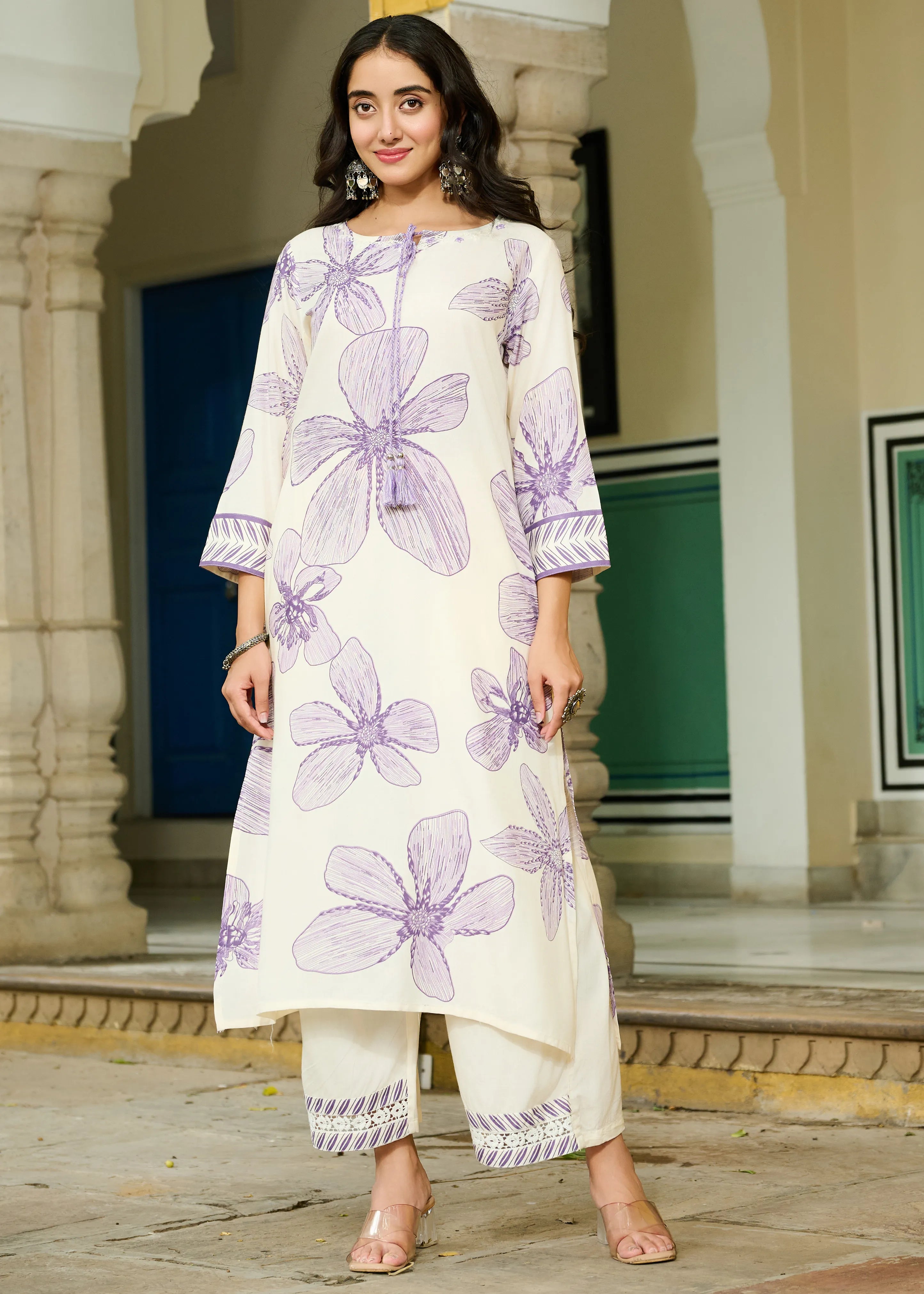 White Base & Lavender Leaf Motif Embroidered Rayon Kurta Set