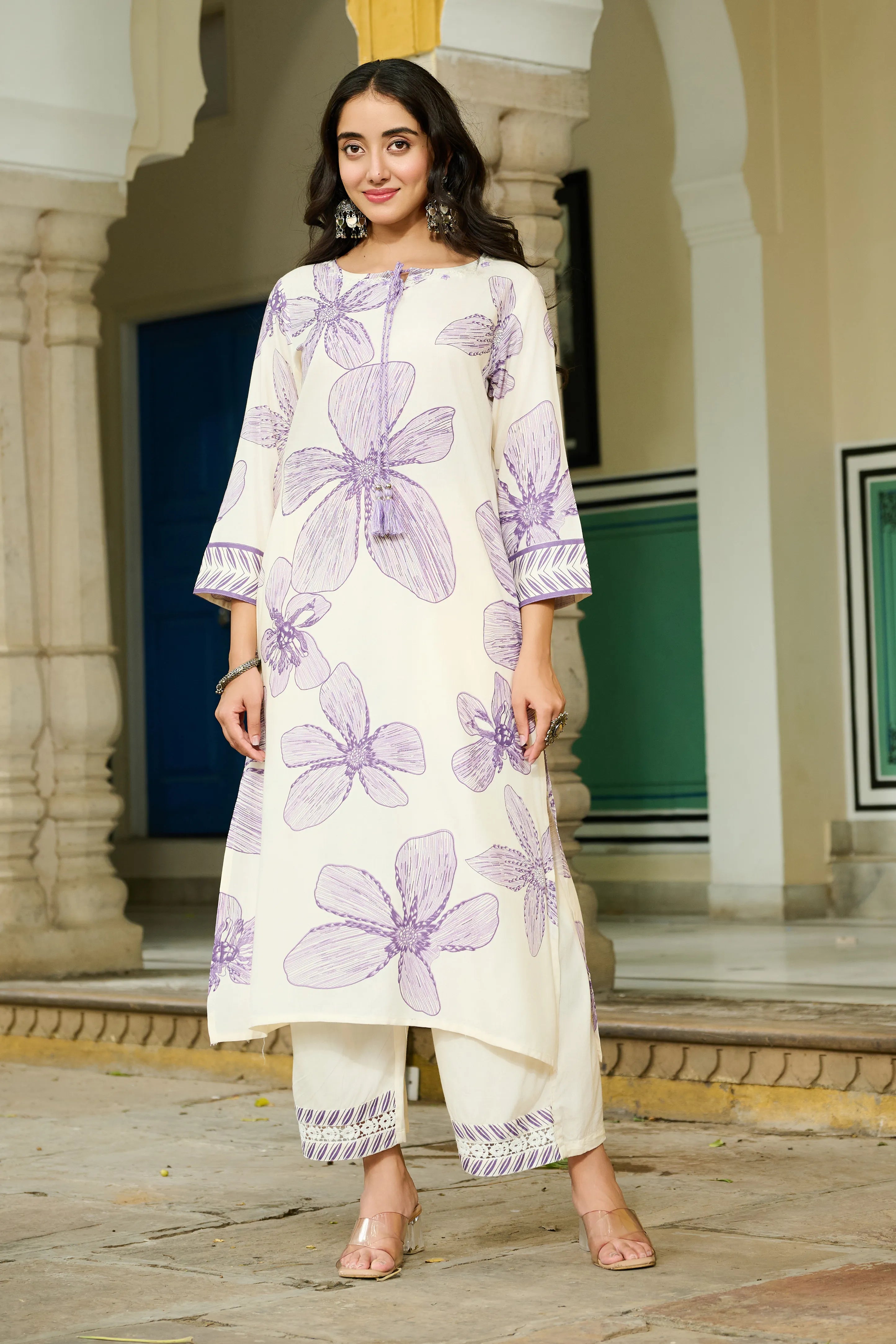 White Base & Lavender Leaf Motif Embroidered Rayon Kurta Set
