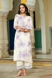White Base & Lavender Leaf Motif Embroidered Rayon Kurta Set