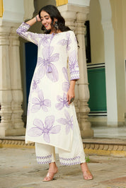 White Base & Lavender Leaf Motif Embroidered Rayon Kurta Set