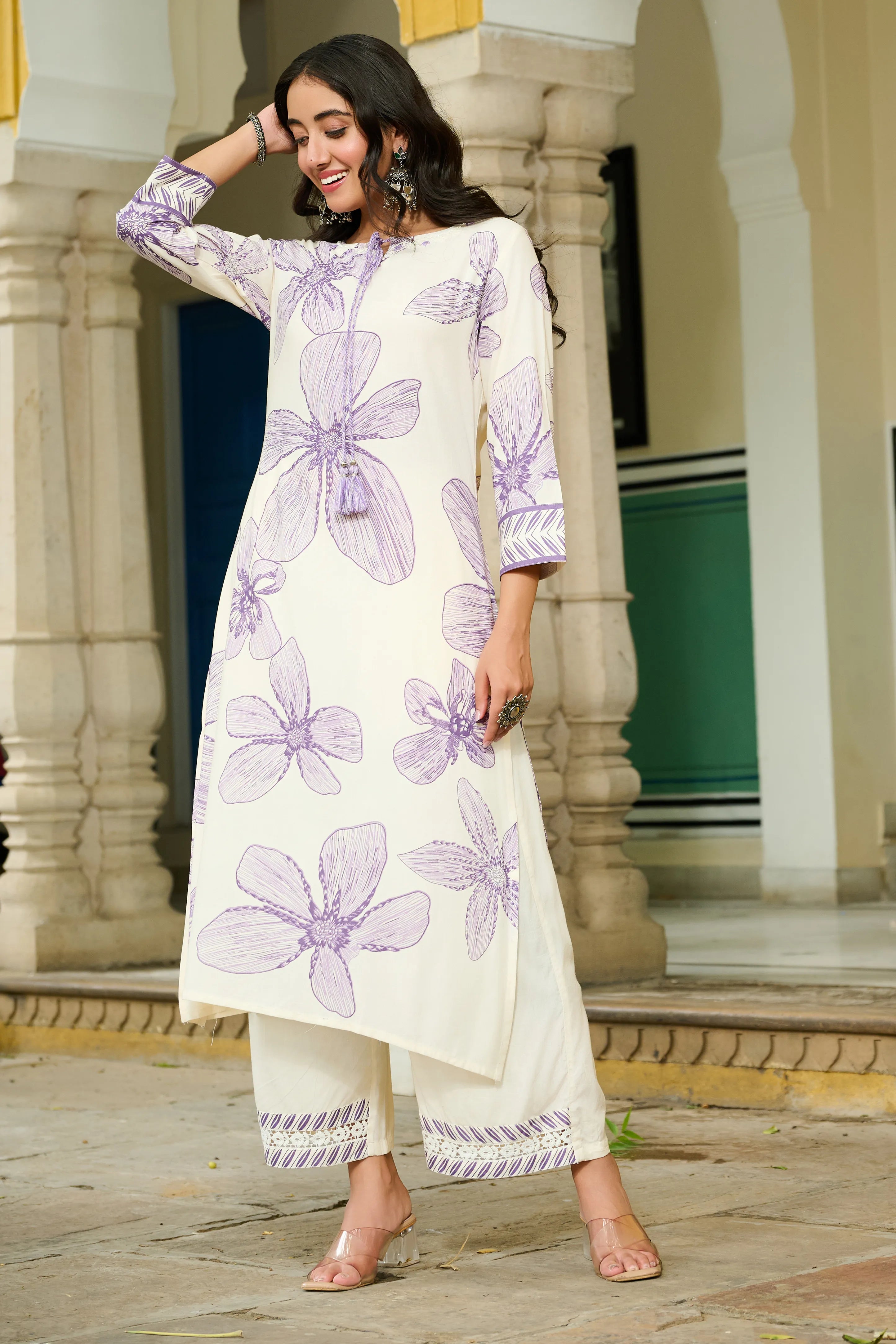 White Base & Lavender Leaf Motif Embroidered Rayon Kurta Set