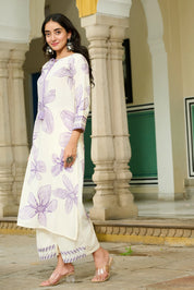 White Base & Lavender Leaf Motif Embroidered Rayon Kurta Set