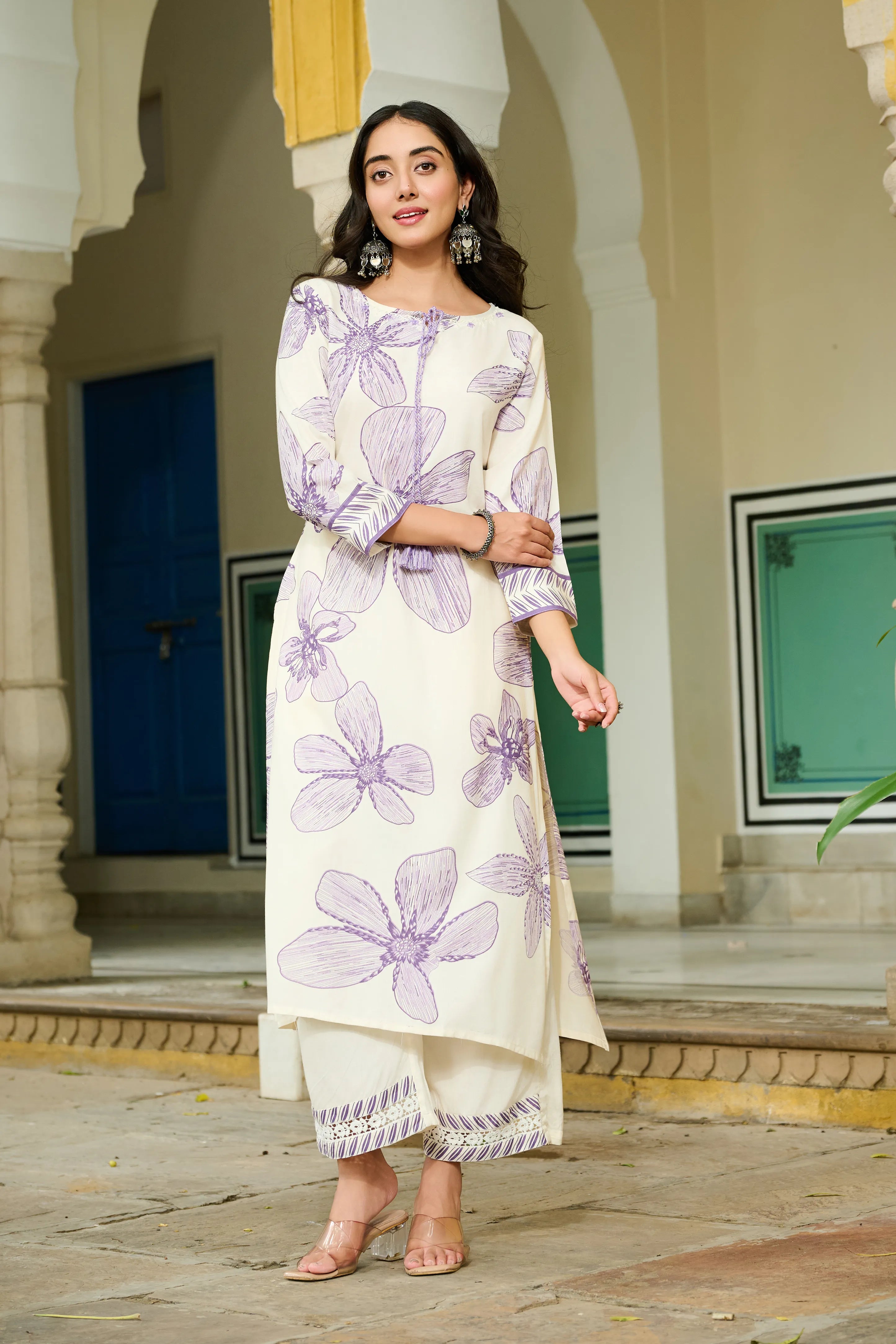 White Base & Lavender Leaf Motif Embroidered Rayon Kurta Set