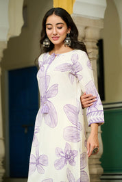 White Base & Lavender Leaf Motif Embroidered Rayon Kurta Set