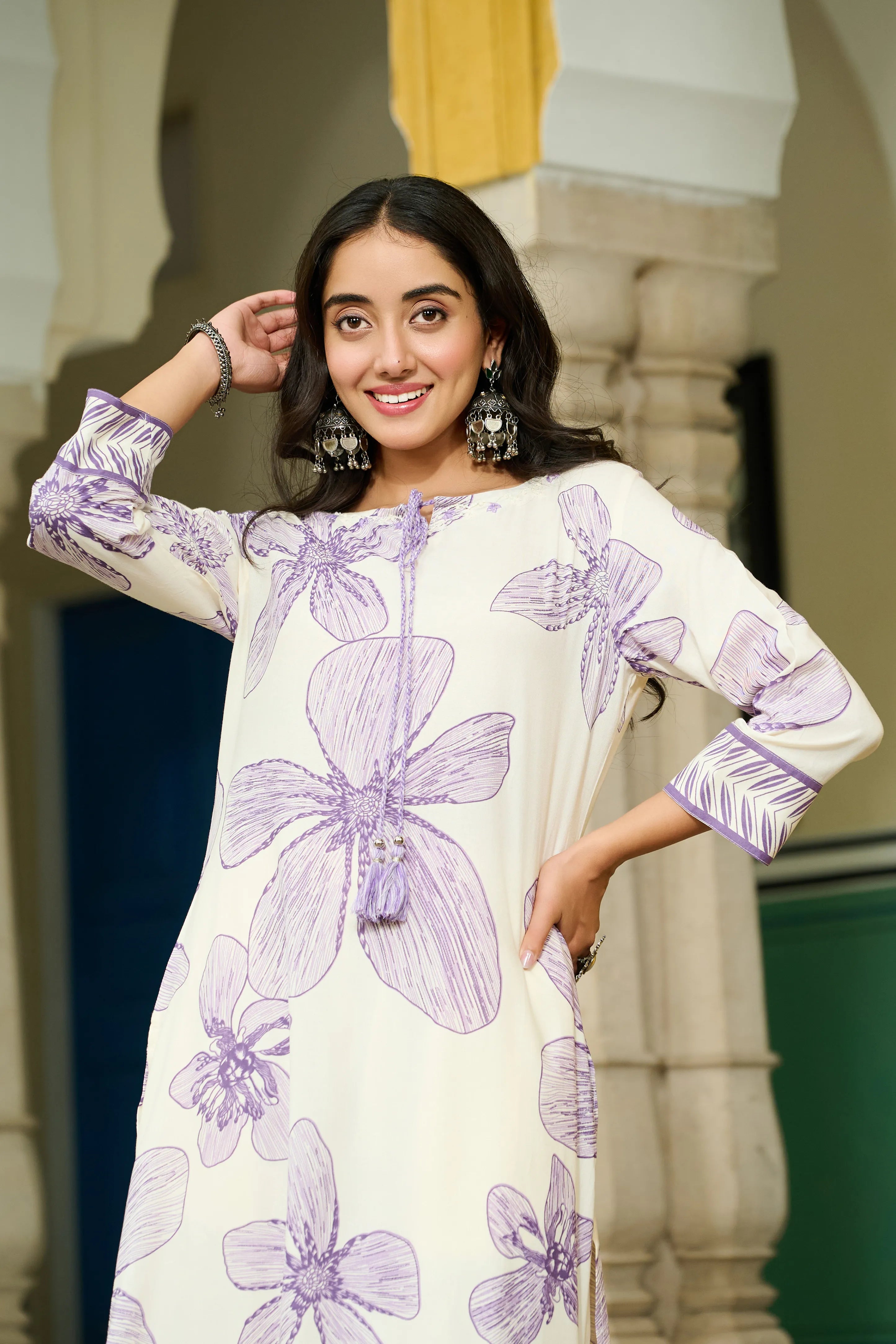 White Base & Lavender Leaf Motif Embroidered Rayon Kurta Set