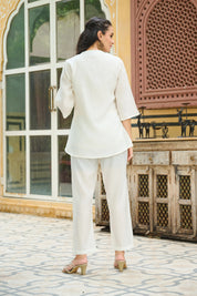 White Roman Silk Co-ord Set with Golden Salli Accents