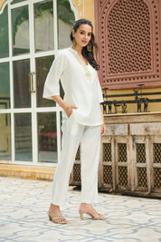 White Roman Silk Co-ord Set with Golden Salli Accents