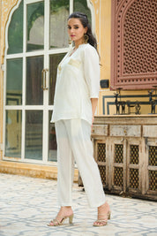 White Roman Silk Co-ord Set with Golden Salli Accents