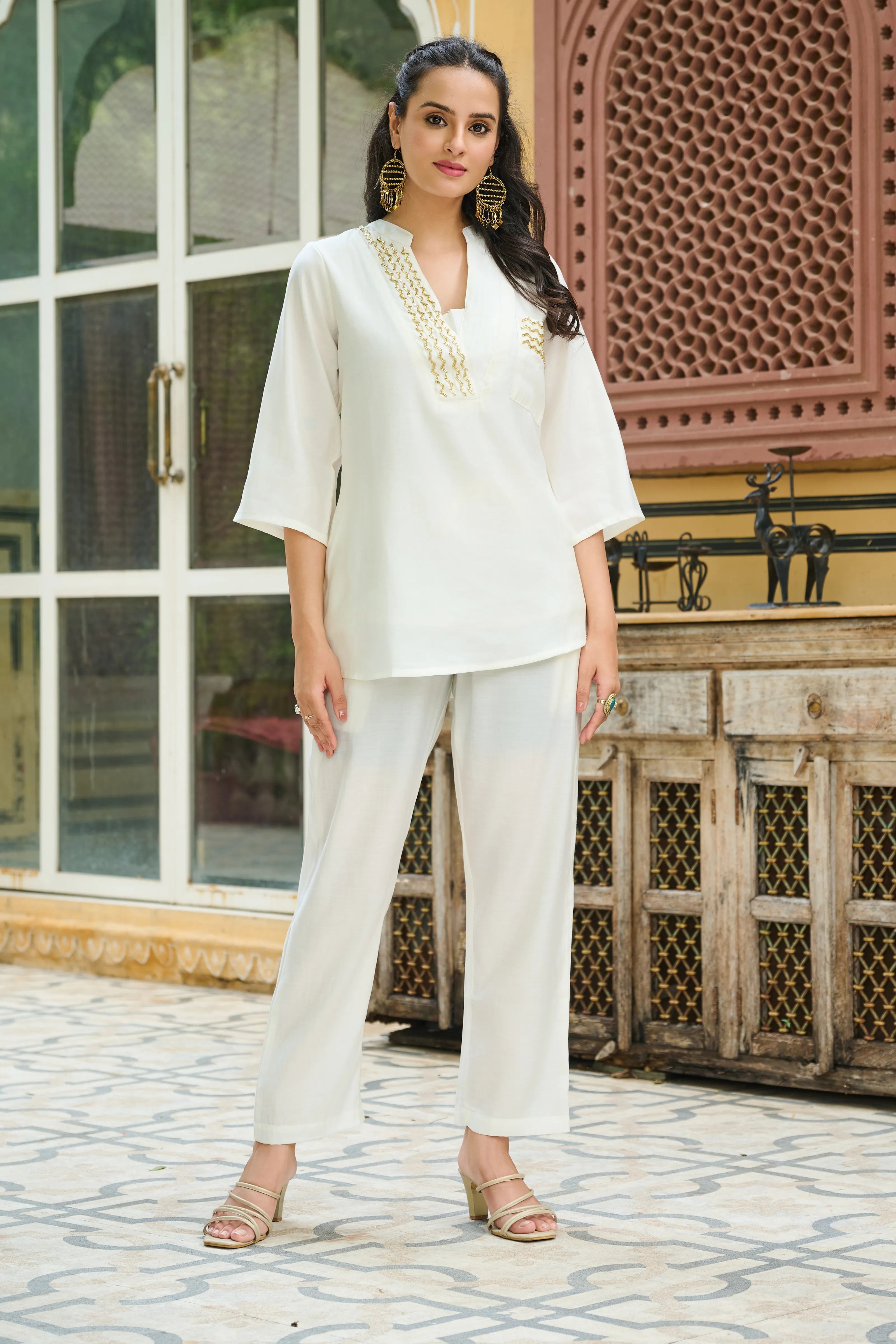 White Roman Silk Co-ord Set with Golden Salli Accents