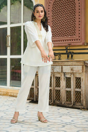 White Roman Silk Co-ord Set with Golden Salli Accents