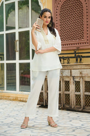White Roman Silk Co-ord Set with Golden Salli Accents