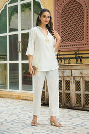 White Roman Silk Co-ord Set with Golden Salli Accents
