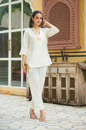 White Roman Silk Co-ord Set with Golden Salli Accents