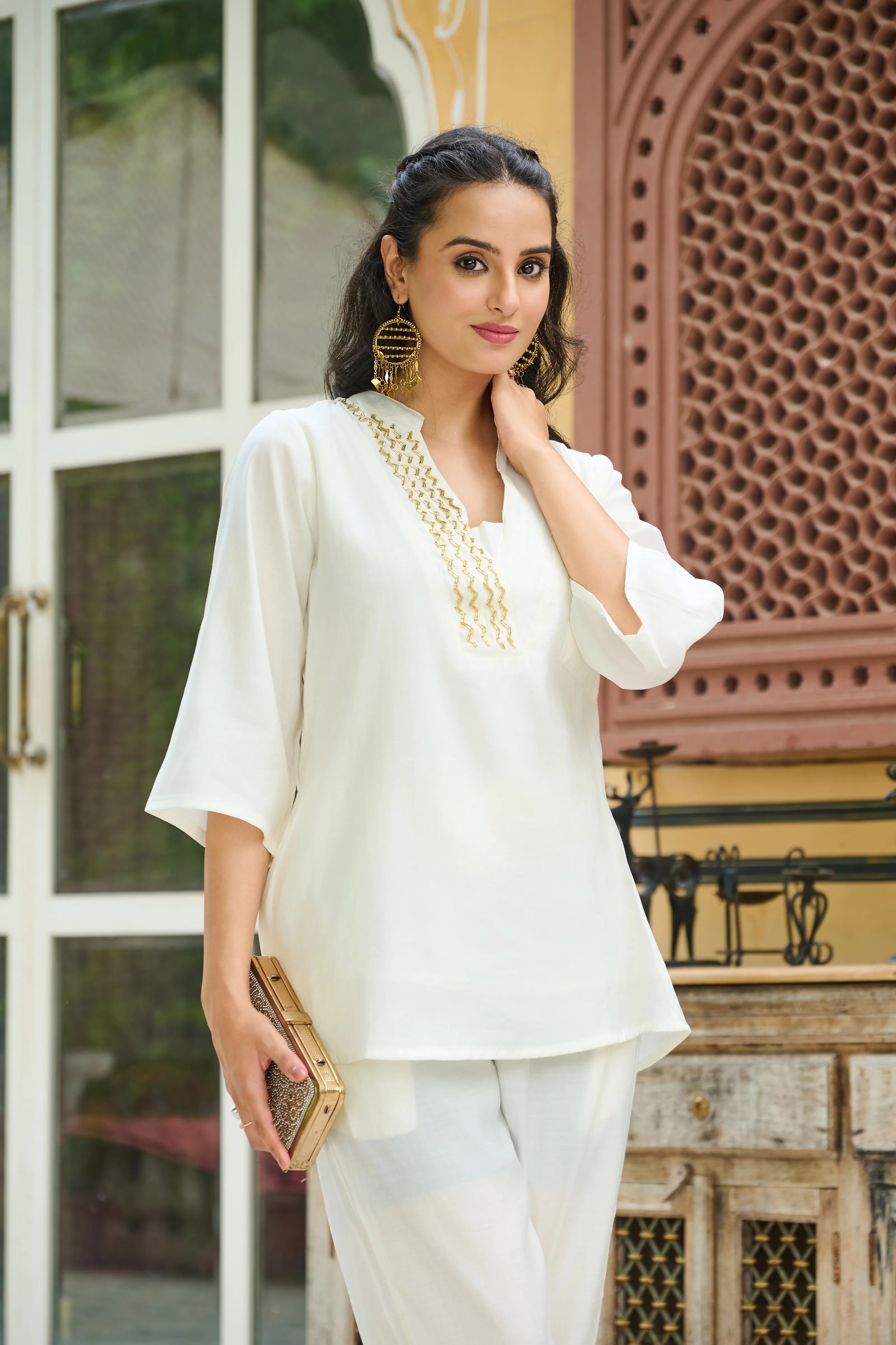 White Roman Silk Co-ord Set with Golden Salli Accents