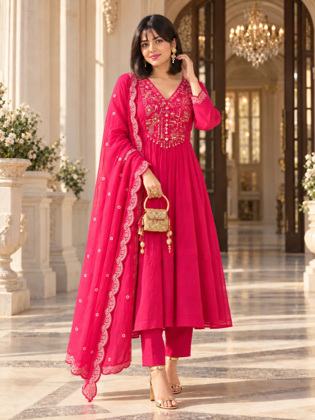 Magenta Pink Sequin Embroidered Yoke Kurta Set with Dupatta in Crepe