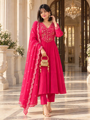 Magenta Pink Sequin Embroidered Yoke Kurta Set with Dupatta in Crepe