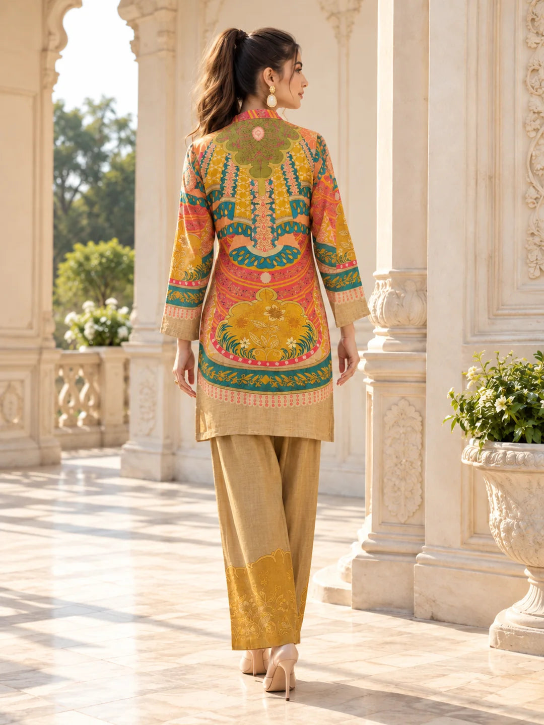 Bronzed Yellow Embellished V-Notch Multicolour Print Wide-Leg Co-ord Set in Muslin