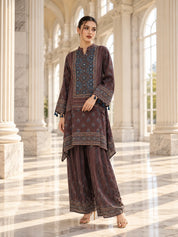 Dark Brown Patch Print High-Low Co-ord Set in Muslin