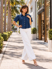 Navy Blue Gathered Bust Tie-Hem Cropped Shirt Top in Cotton