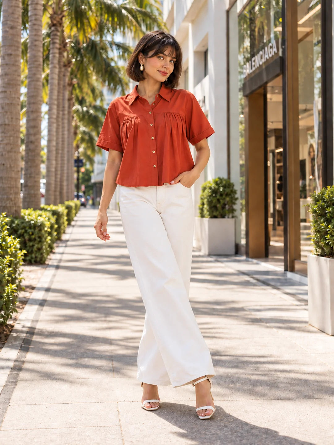 Orange Gathered Bust Tie-Hem Cropped Shirt Top in Cotton