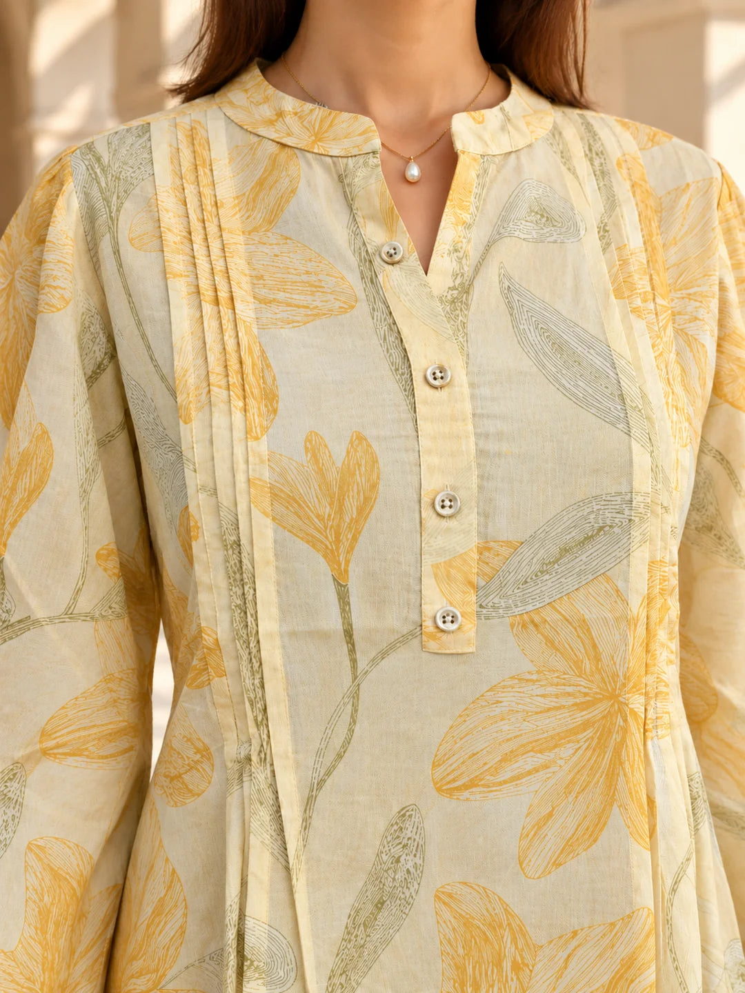 Butter Yellow Stroked Floral Pintuck Short Kurti in Cotton