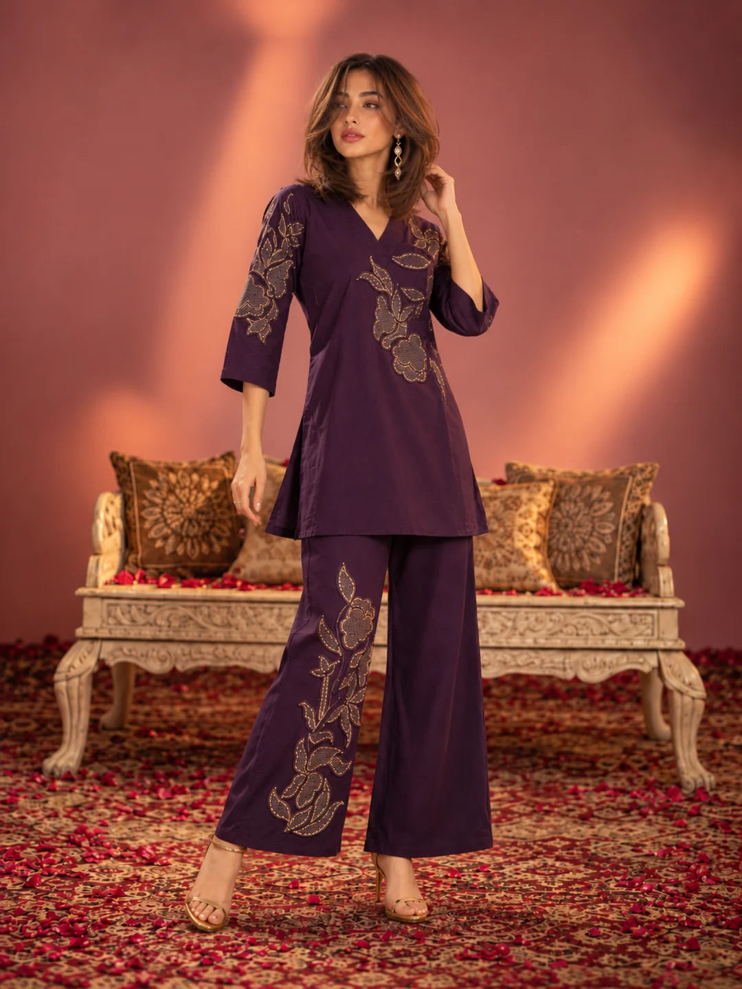 Velvet Floral Embroidered Co-ord Set in Dark Purple