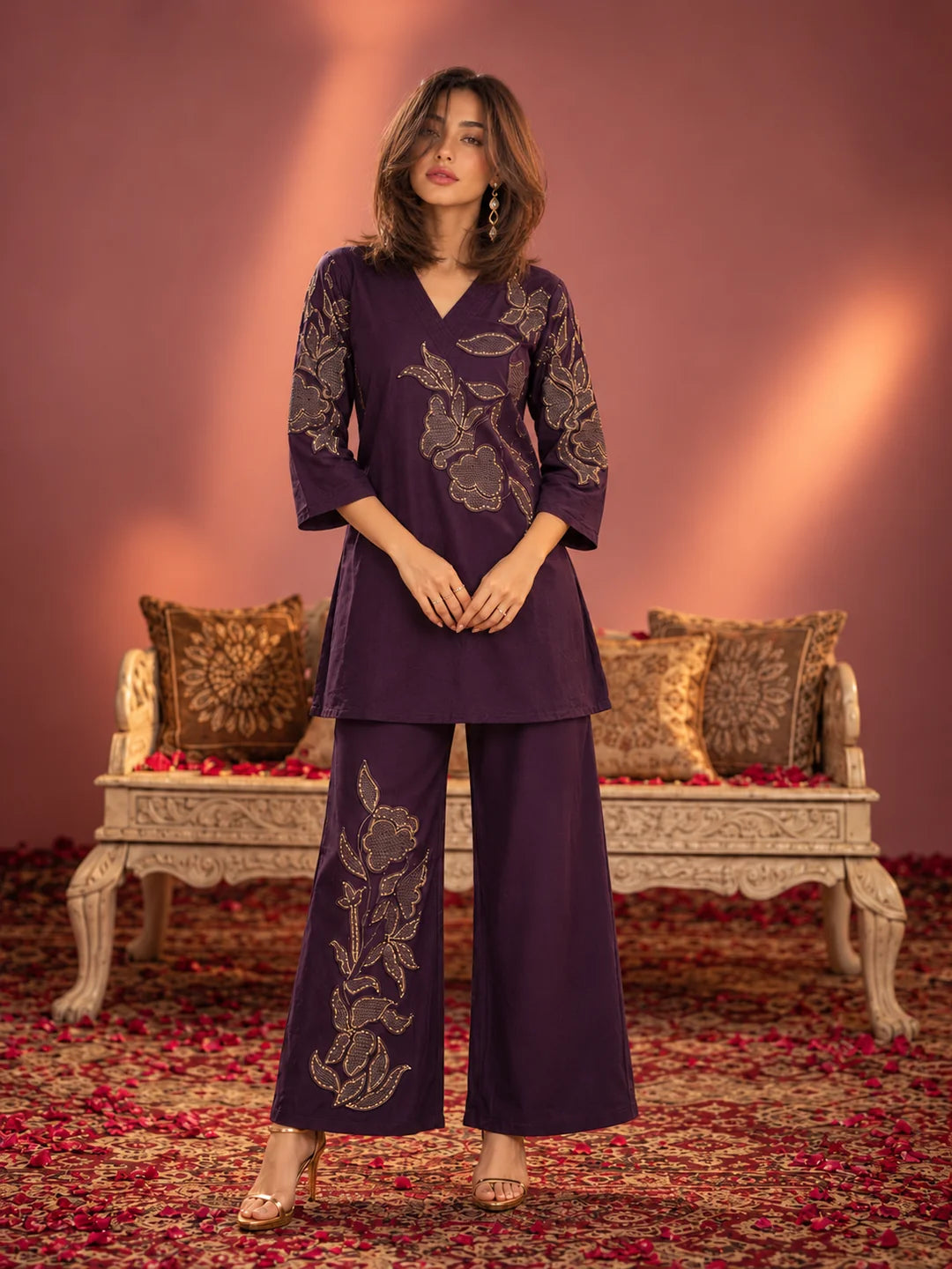 Velvet Floral Embroidered Co-ord Set in Dark Purple