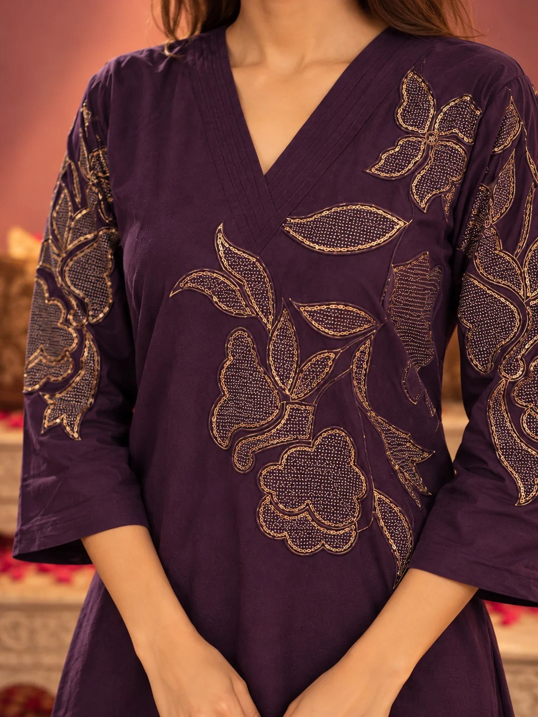 Velvet Floral Embroidered Co-ord Set in Dark Purple