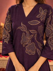 Velvet Floral Embroidered Co-ord Set in Dark Purple