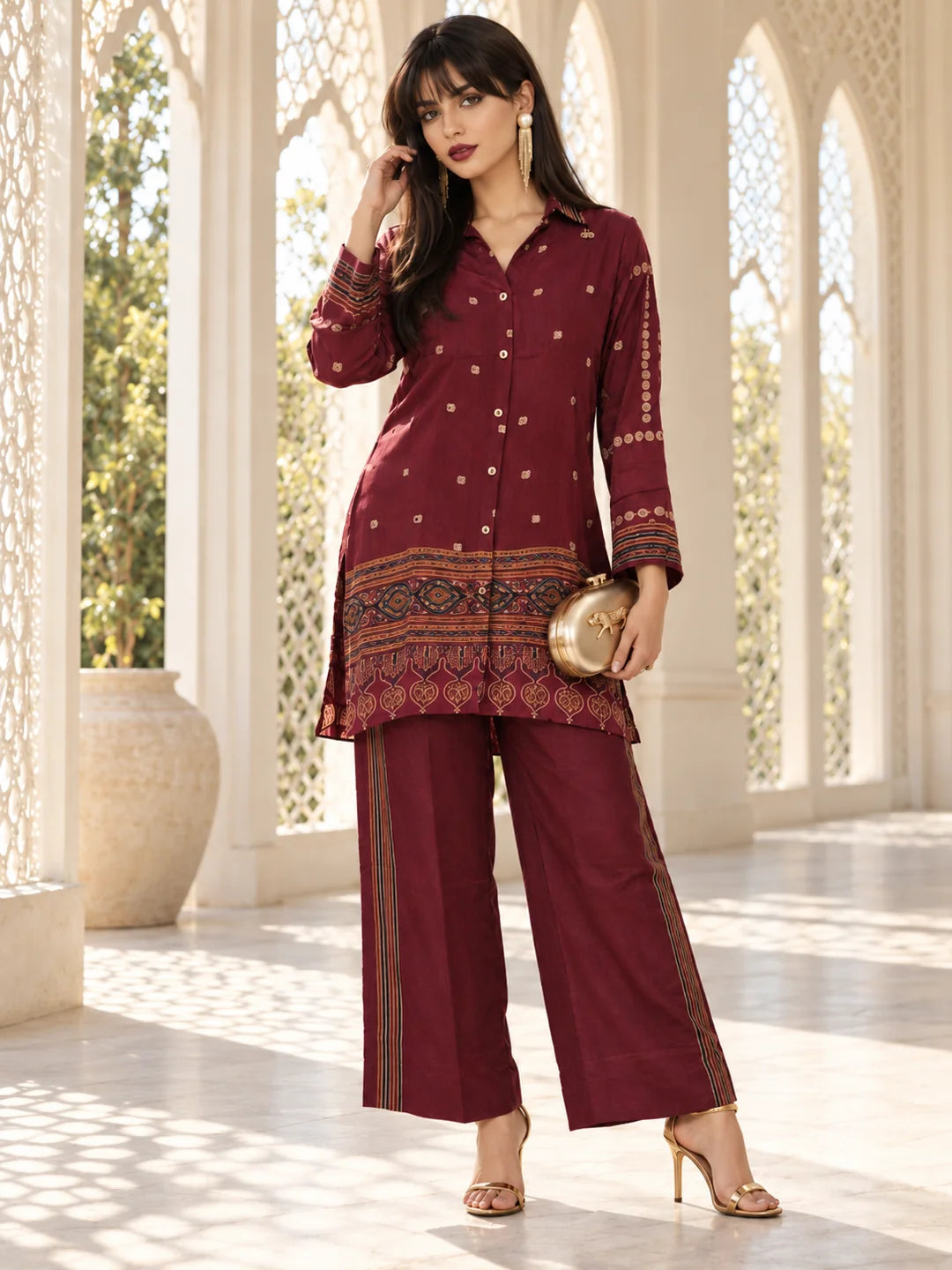 Plum Bandhani Print Co-ord Set in Crepe