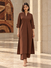 Brown Deep V Mandarin Collar Kurta Set in Sheeting Cotton