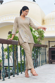 Beige Base Rainbow Geometry Embroidered Co-ord Set