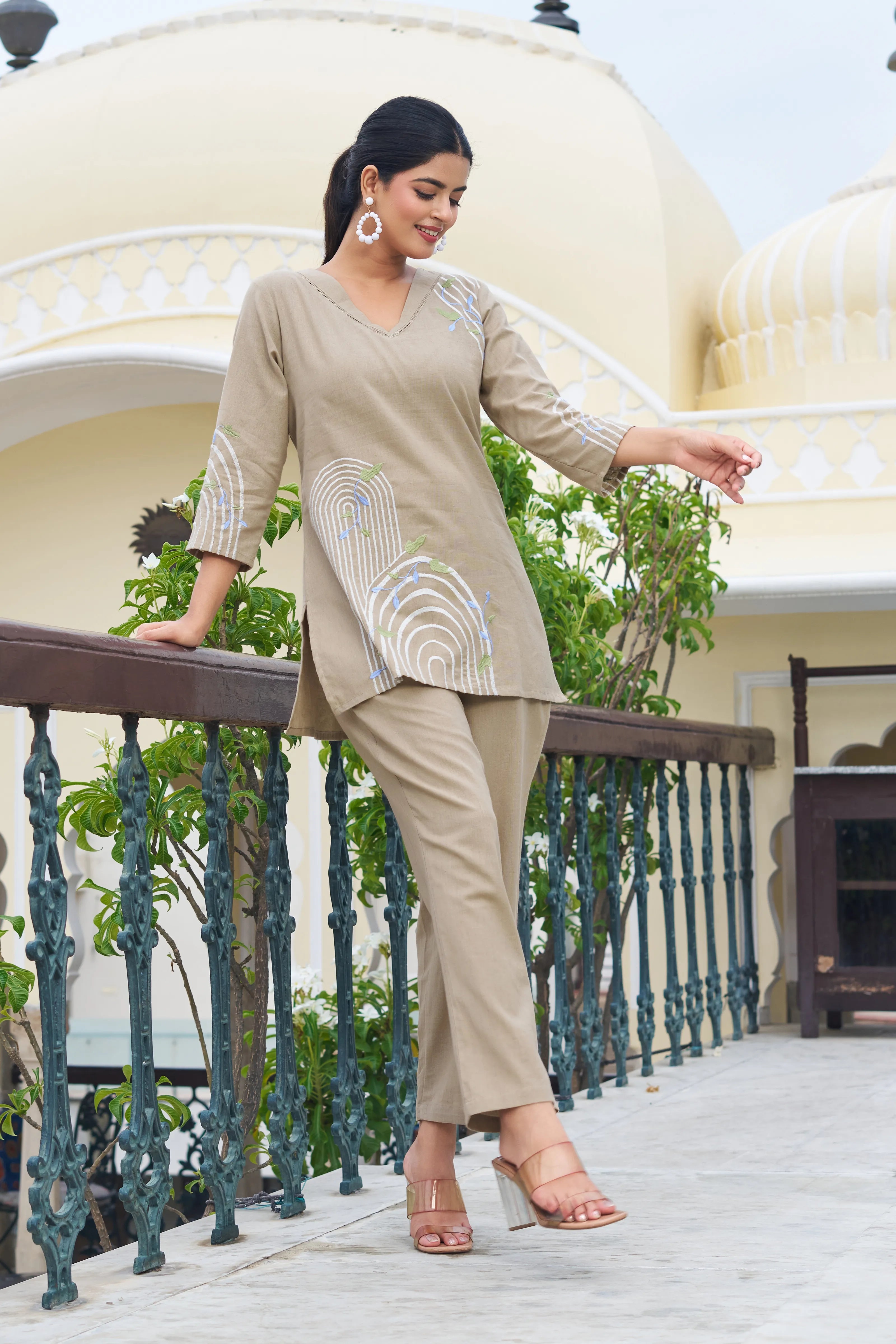 Beige Base Rainbow Geometry Embroidered Co-ord Set