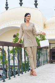 Beige Base Rainbow Geometry Embroidered Co-ord Set