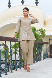 Beige Base Rainbow Geometry Embroidered Co-ord Set