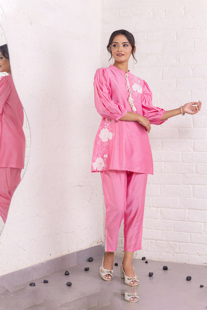 Rose Blush Embellished Indo-Western Viscose Chanderi Co-Ord Set
