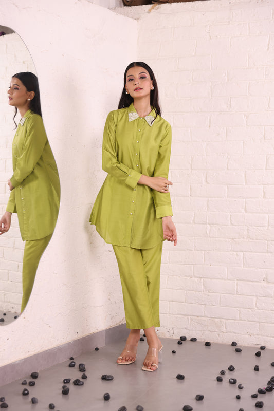 Pearl Embellished Parrot Green Tunic and Trouser Co-Ord Set