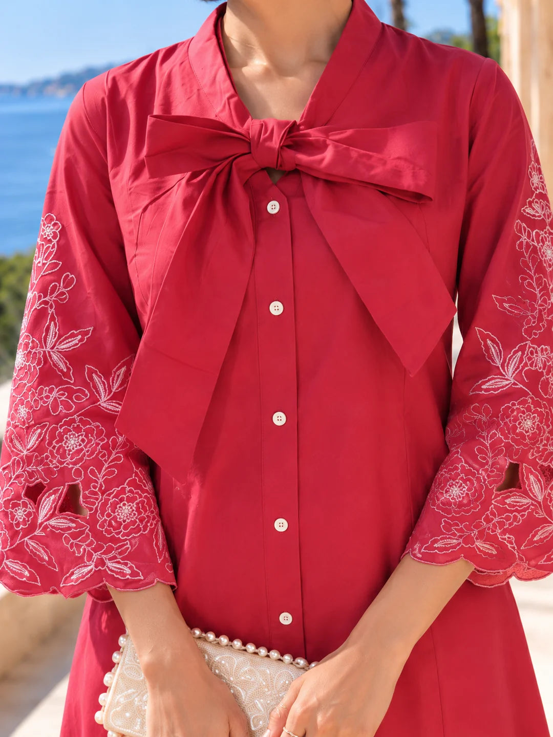 Pink Wide Bow-Tie Floral Cutwork A-Line Dress in Cotton Poplin