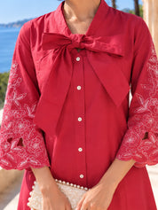 Pink Wide Bow-Tie Floral Cutwork A-Line Dress in Cotton Poplin