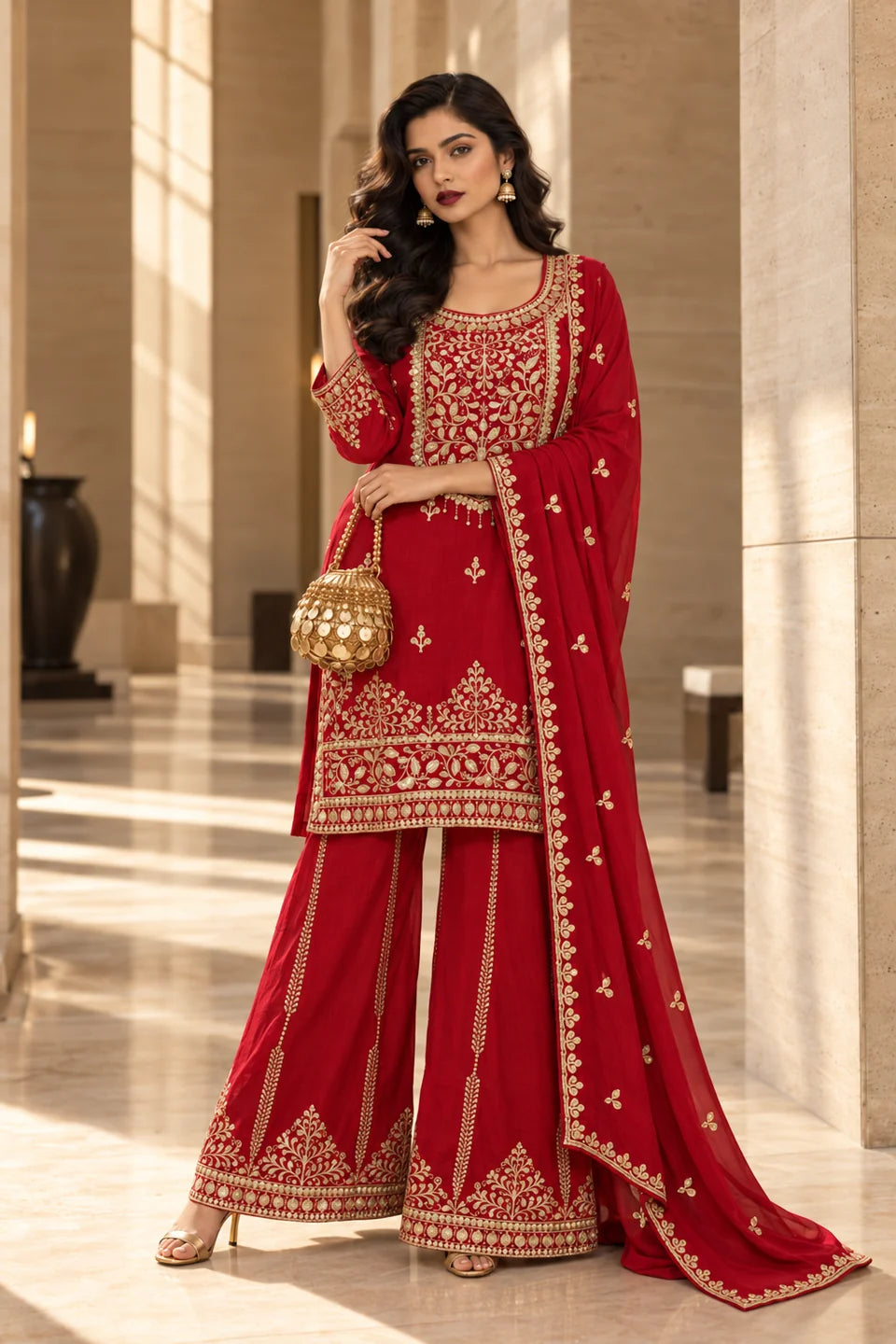 Red Foil Embroidered Kurta Set with Dupatta in Crepe