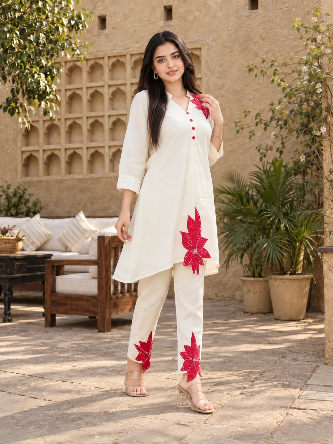 Ivory & Red Appliqué Silk Kurta Co-ord Set