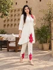 Ivory & Red Appliqué Silk Kurta Co-ord Set