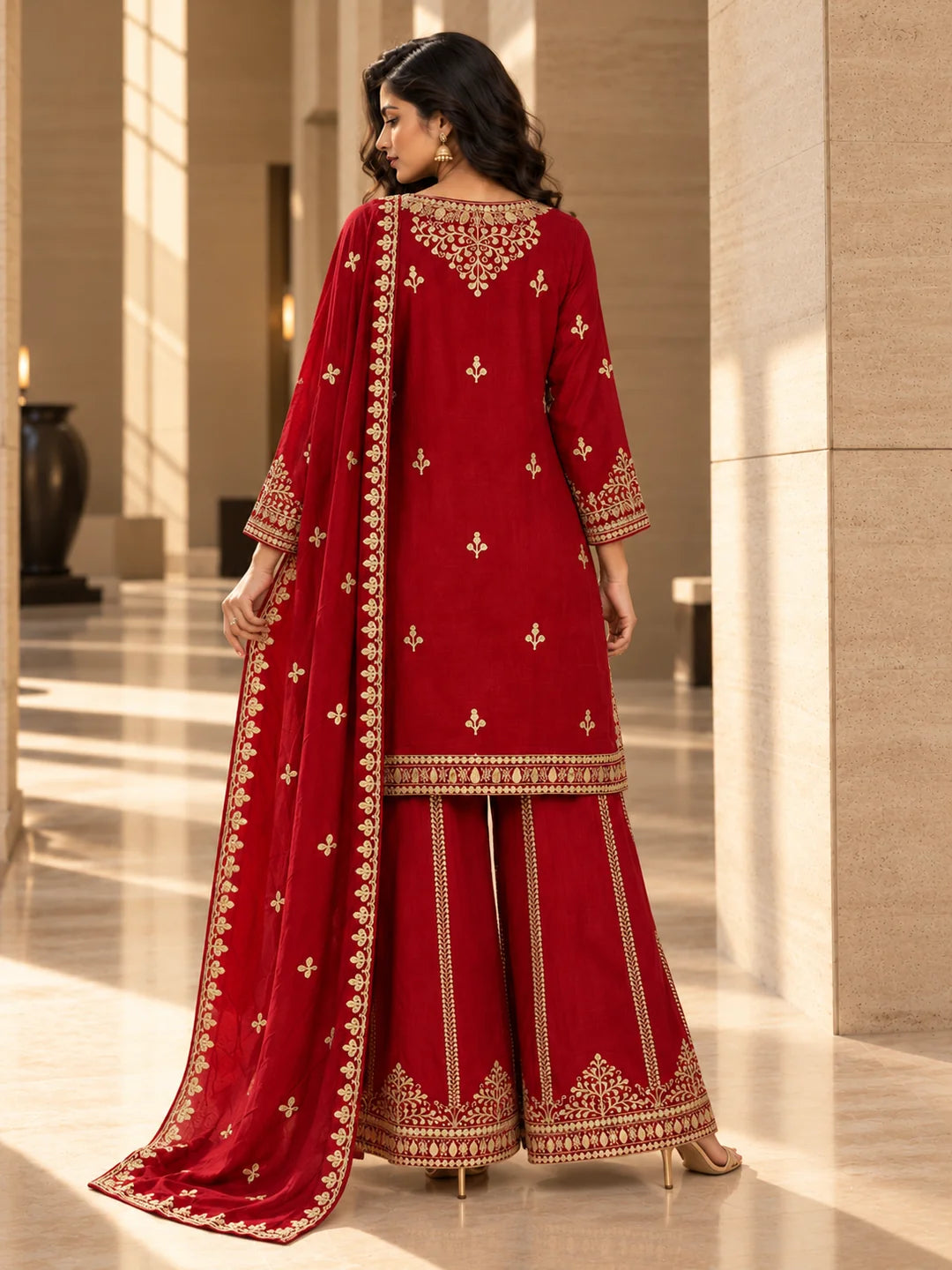 Red Foil Embroidered Kurta Set with Dupatta in Crepe
