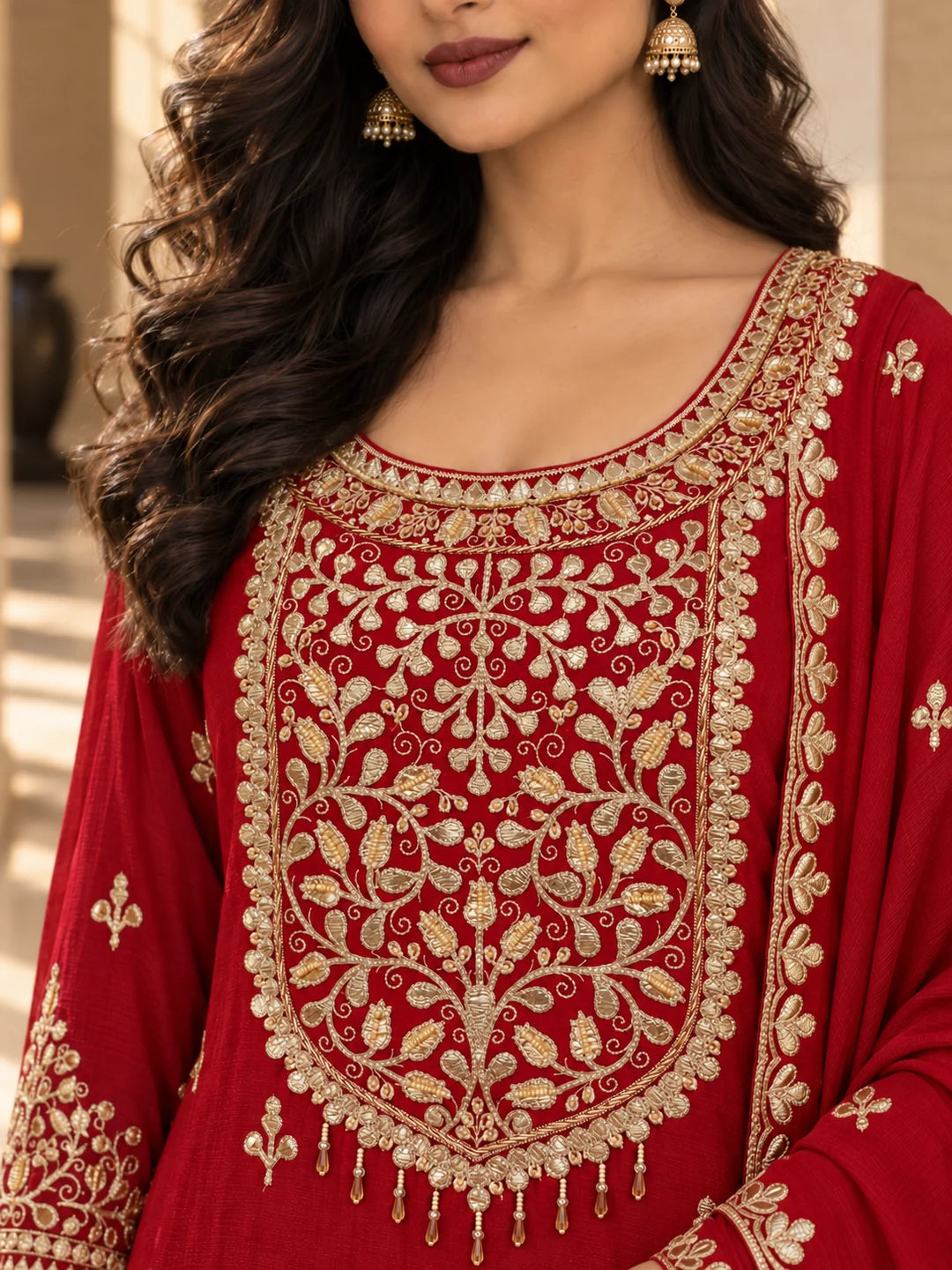 Red Foil Embroidered Kurta Set with Dupatta in Crepe