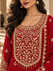 Red Foil Embroidered Kurta Set with Dupatta in Crepe